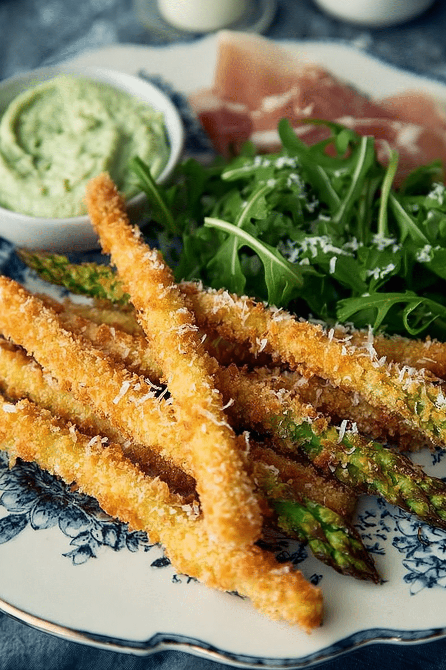 Knuspriger Parmesan Spargel aus dem Ofen, perfekt knusprig und angerichtet mit einem Dip.