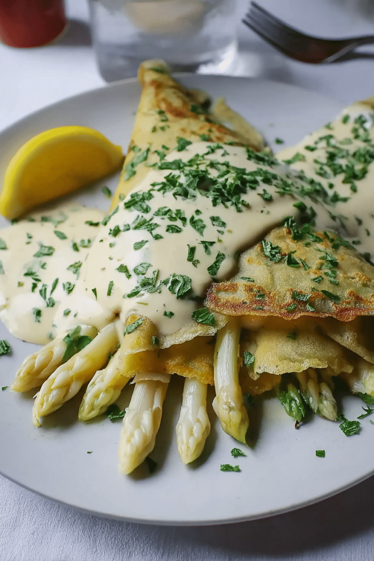 Kräuerpfannkuchen gefüllt mit weißem Spargel und veganer Hollandaise, serviert mit frischen Kräutern.