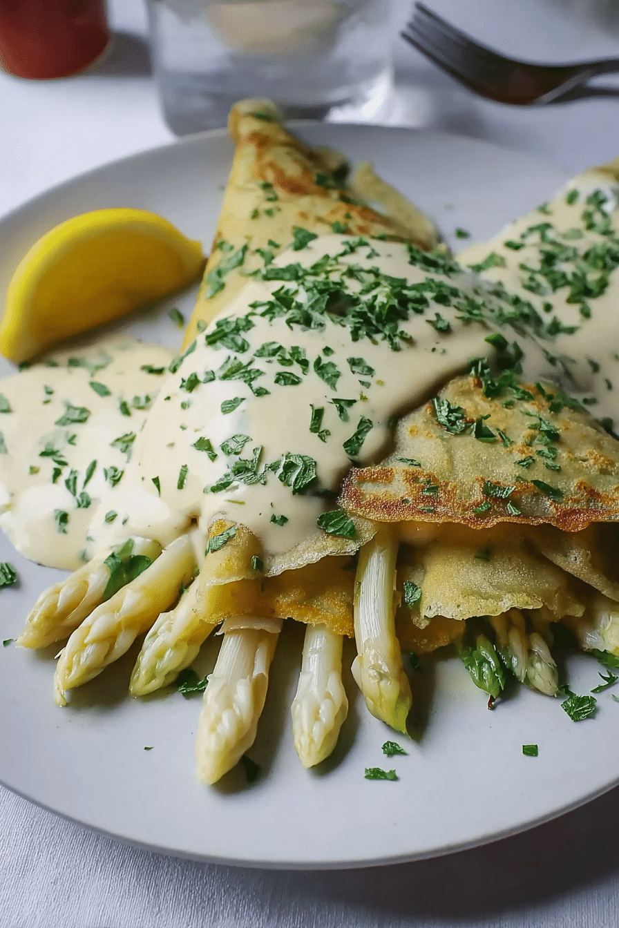 Kräuerpfannkuchen gefüllt mit weißem Spargel und veganer Hollandaise, serviert mit frischen Kräutern.