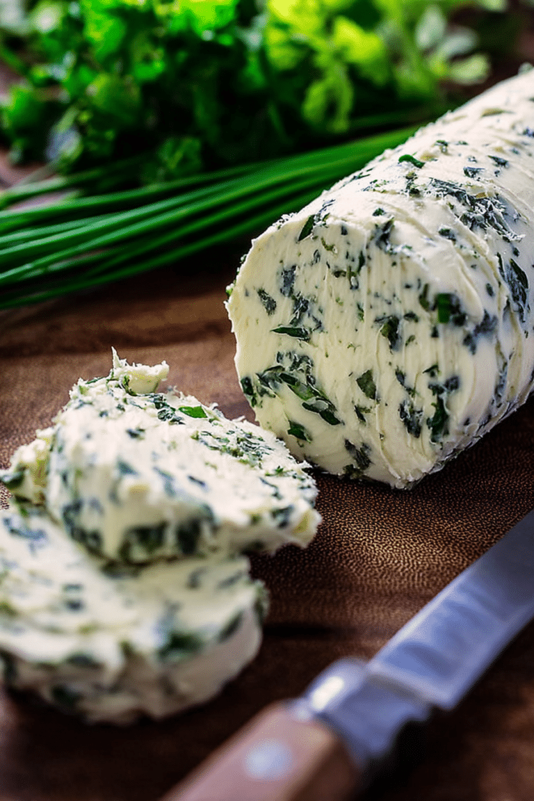 Hausgemachte Kräuterbutter auf Holzbrett mit frischen Kräutern und einer Knoblauchzehe.