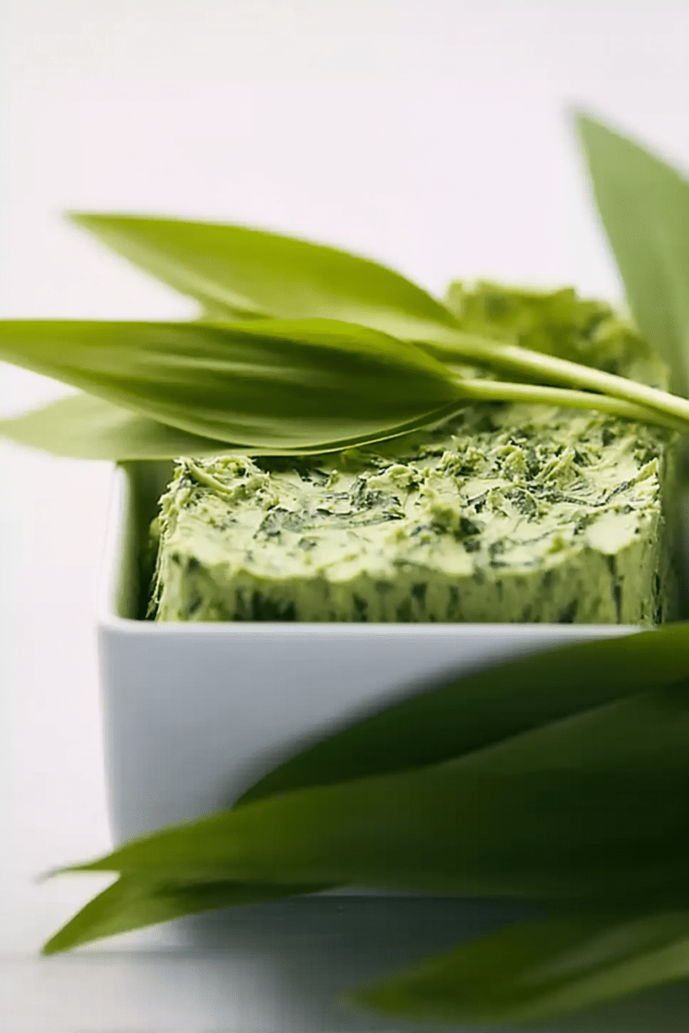 Frische Kräuterbutter mit Bärlauch serviert in einem Schälchen, umgeben von Bärlauchblättern und Brot.