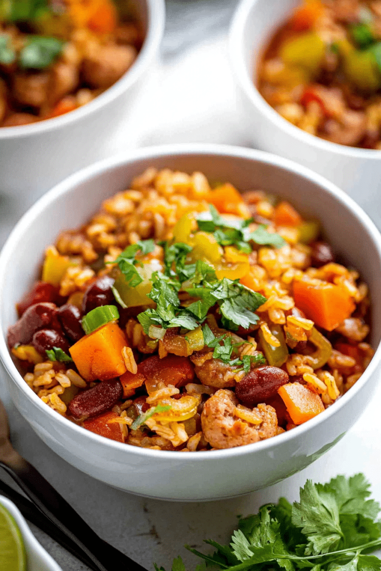 Frisches kreolisches Gemüse Jambalaya mit garnierenden Kräutern und Lauchzwiebeln auf einem Holztisch.