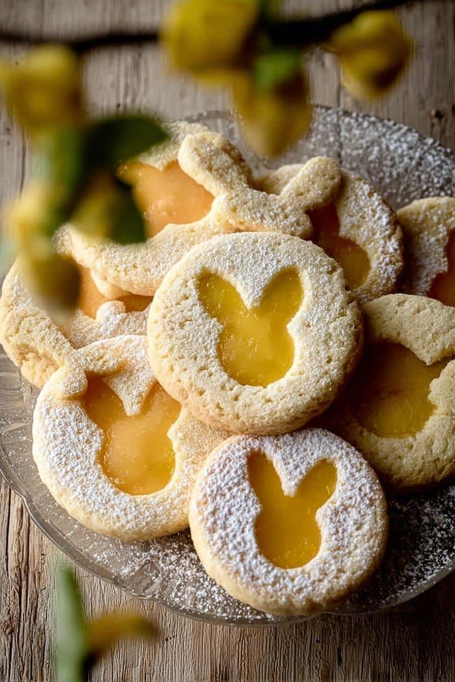Frisch gebackene Zitronenkekse mit Lemoncurd-Füllung auf einem Tisch mit Zitronen und Puderzucker.