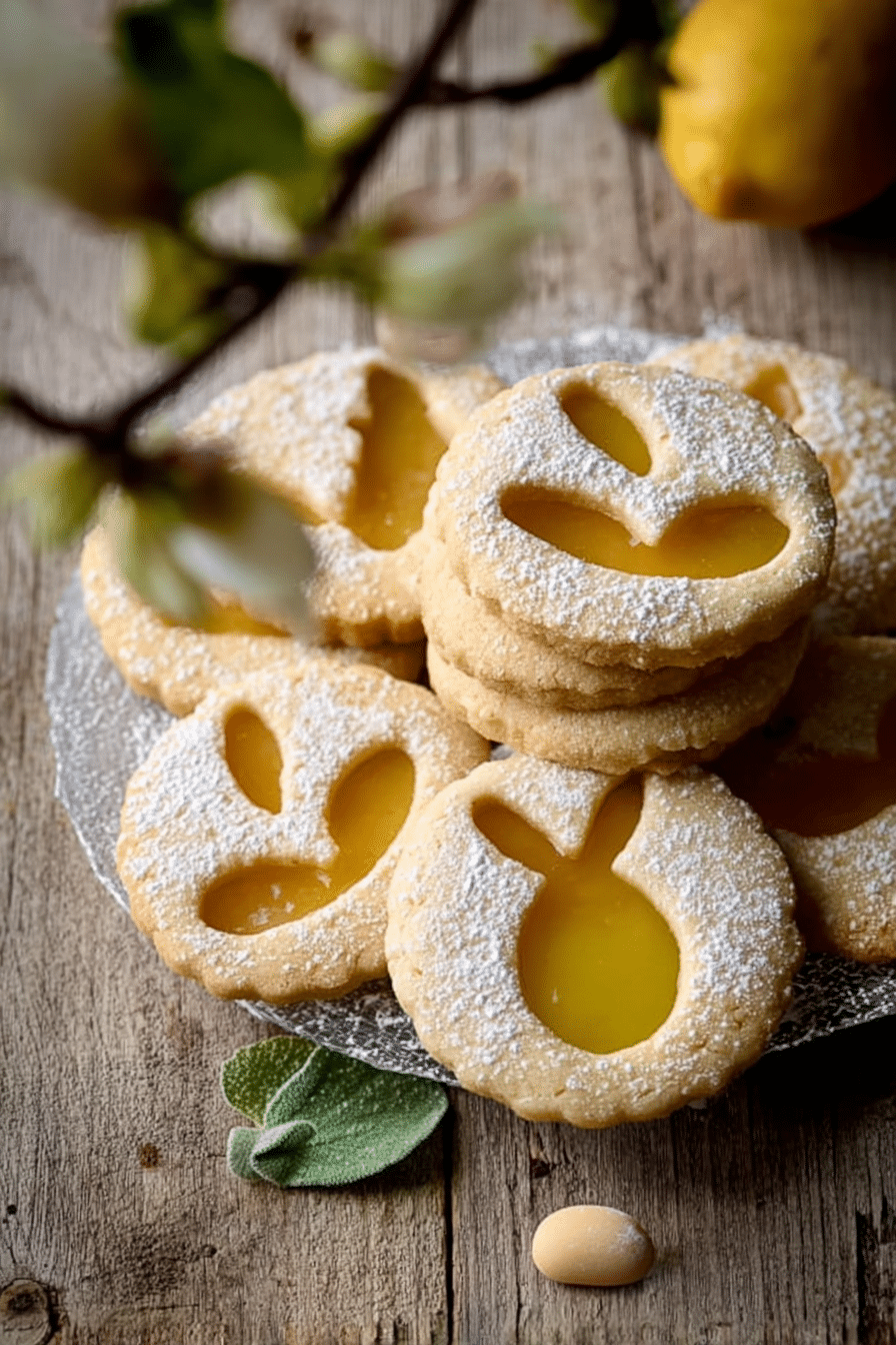 Frisch gebackene Zitronenkekse mit Lemoncurd-Füllung auf einem Tisch mit Zitronen und Puderzucker.