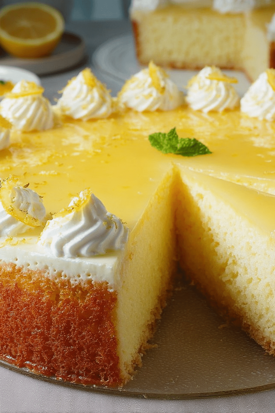 Leichte Zitronen-Joghurt-Torte auf einer eleganten Kuchenplatte, dekoriert mit frischer Minze und Zitronenscheiben.
