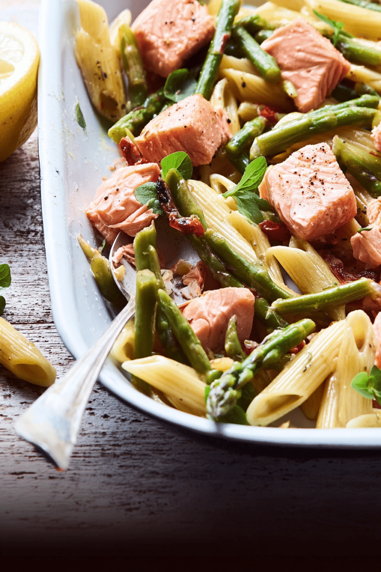 Marinierte Lachswürfel mit grünem Spargel und Penne, angerichtet auf einem weißen Teller mit frischen Kräutern.