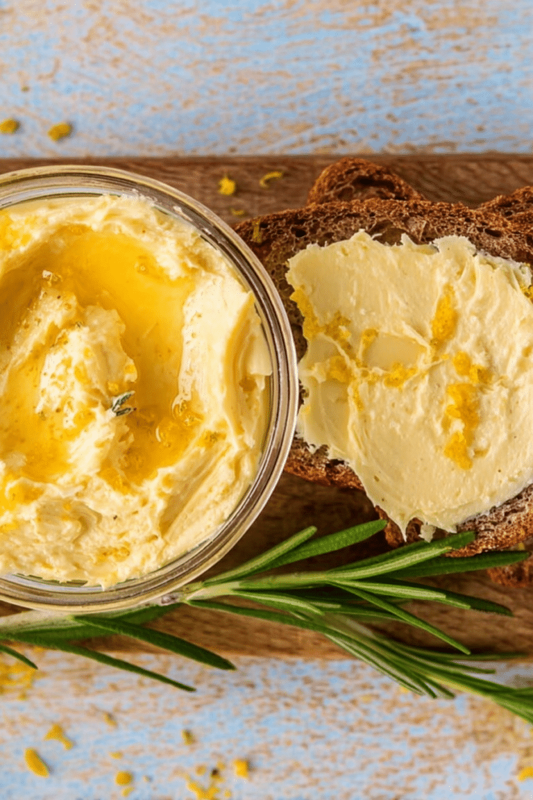 Glas mit Miso-Zitronenbutter, umgeben von frischen Kräutern und einer Zitrone, auf einem rustikalen Holztisch.