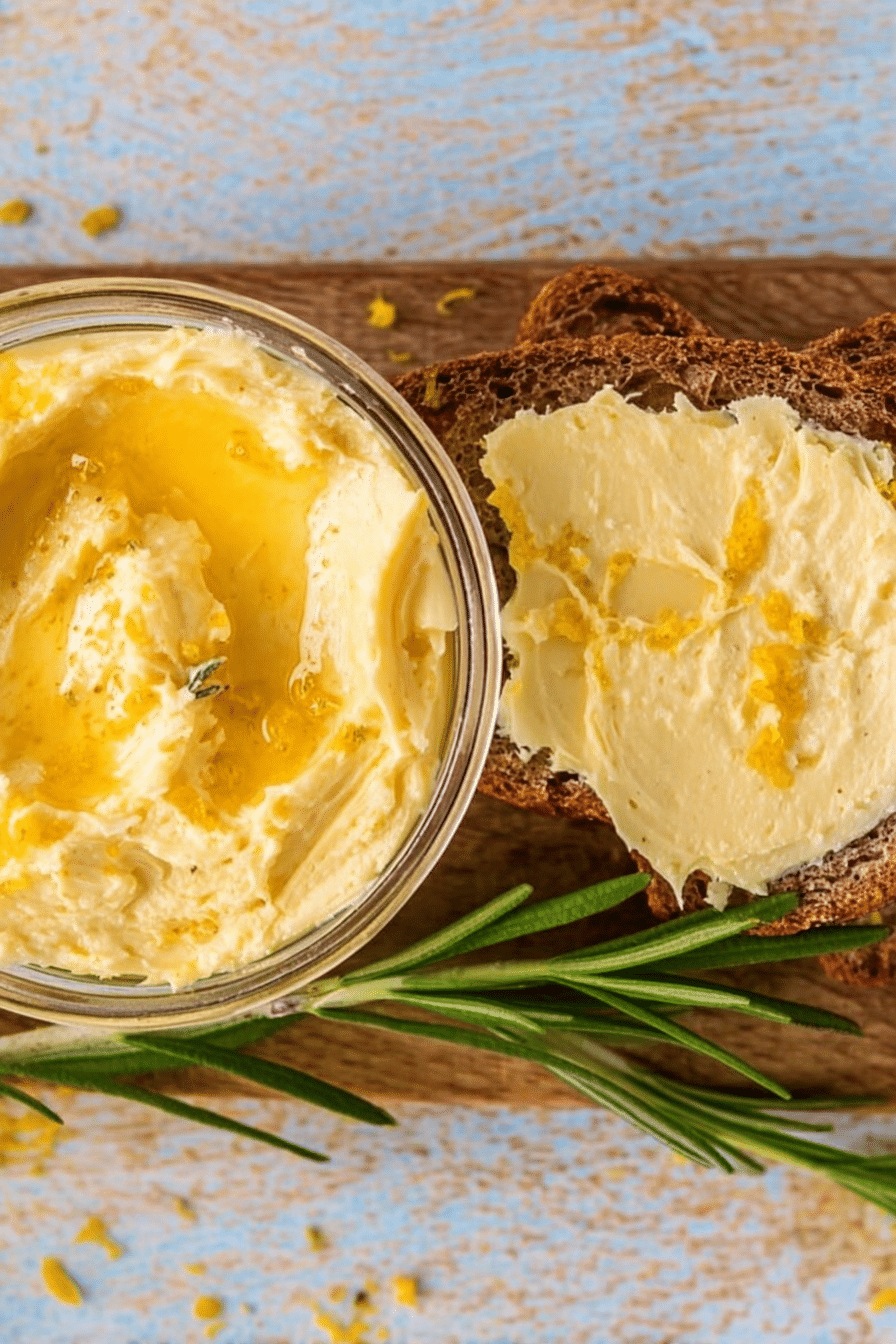 Glas mit Miso-Zitronenbutter, umgeben von frischen Kräutern und einer Zitrone, auf einem rustikalen Holztisch.