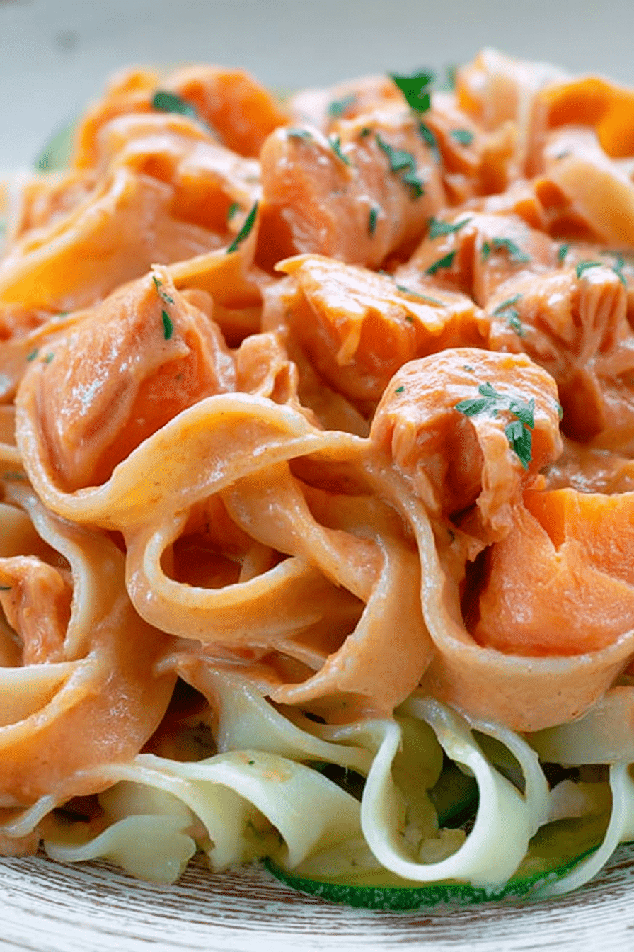 Nudeln mit Lachs in Sahnesauce, serviert mit frischen Kräutern und Zitrone.