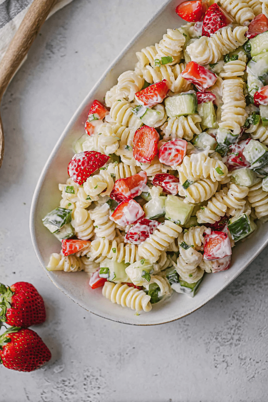 Bunter Nudelsalat mit Joghurt, Erdbeeren und Avocado auf einem Holztisch