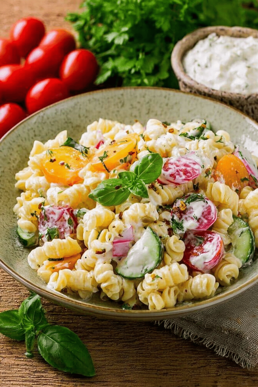Nudelsalat mit Joghurtdressing, serviert in einer Schüssel mit frischen Zutaten.