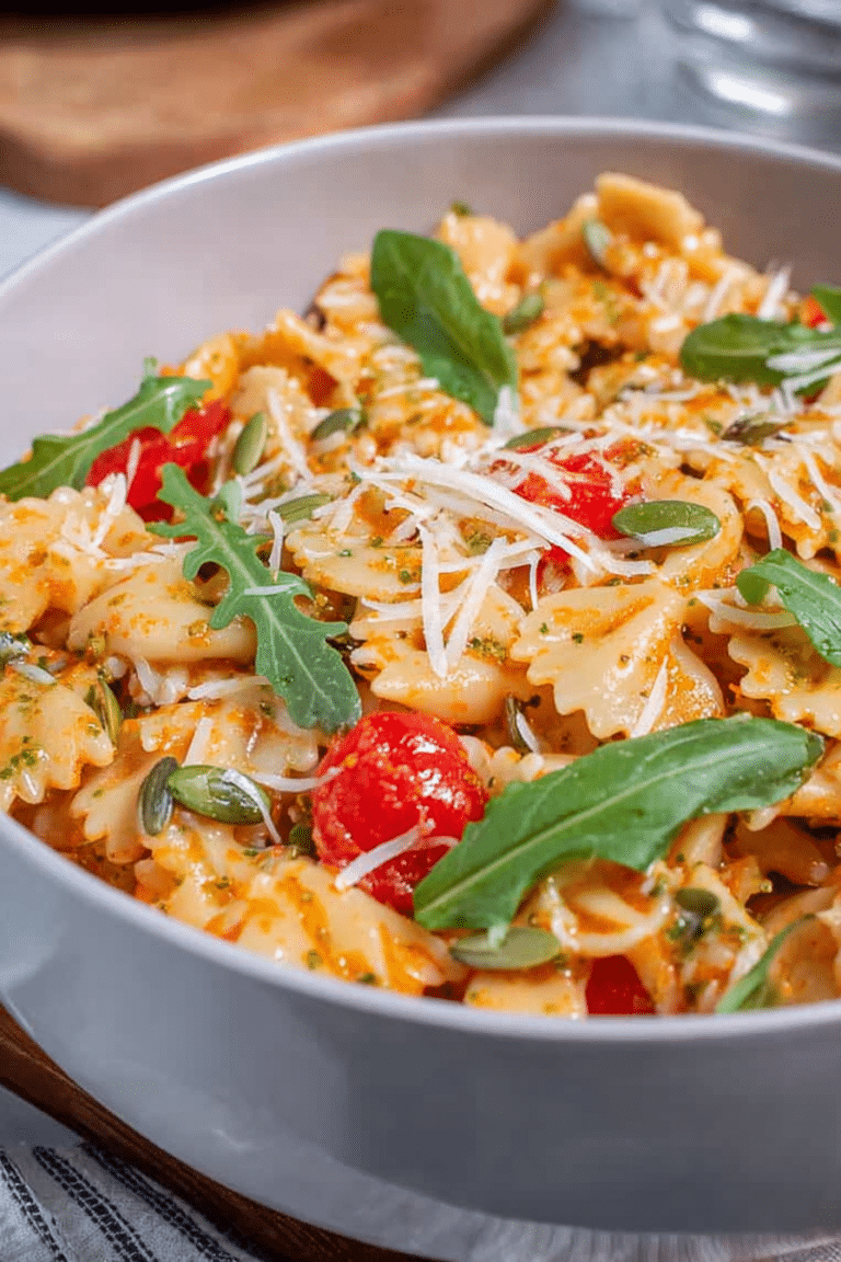 Nudelsalat mit Pesto, Rucola und Tomaten auf einem Holztablett.