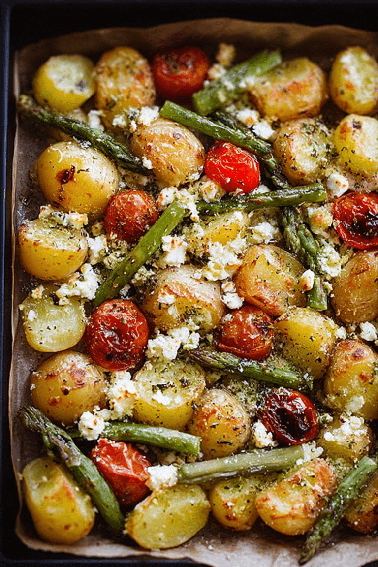 Ofenkartoffeln mit grünem Spargel, Tomaten und Feta serviert auf einem rustikalen Holzbrett.