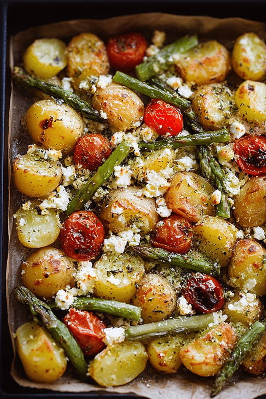 Ofenkartoffeln mit grünem Spargel, Tomaten und Feta serviert auf einem rustikalen Holzbrett.