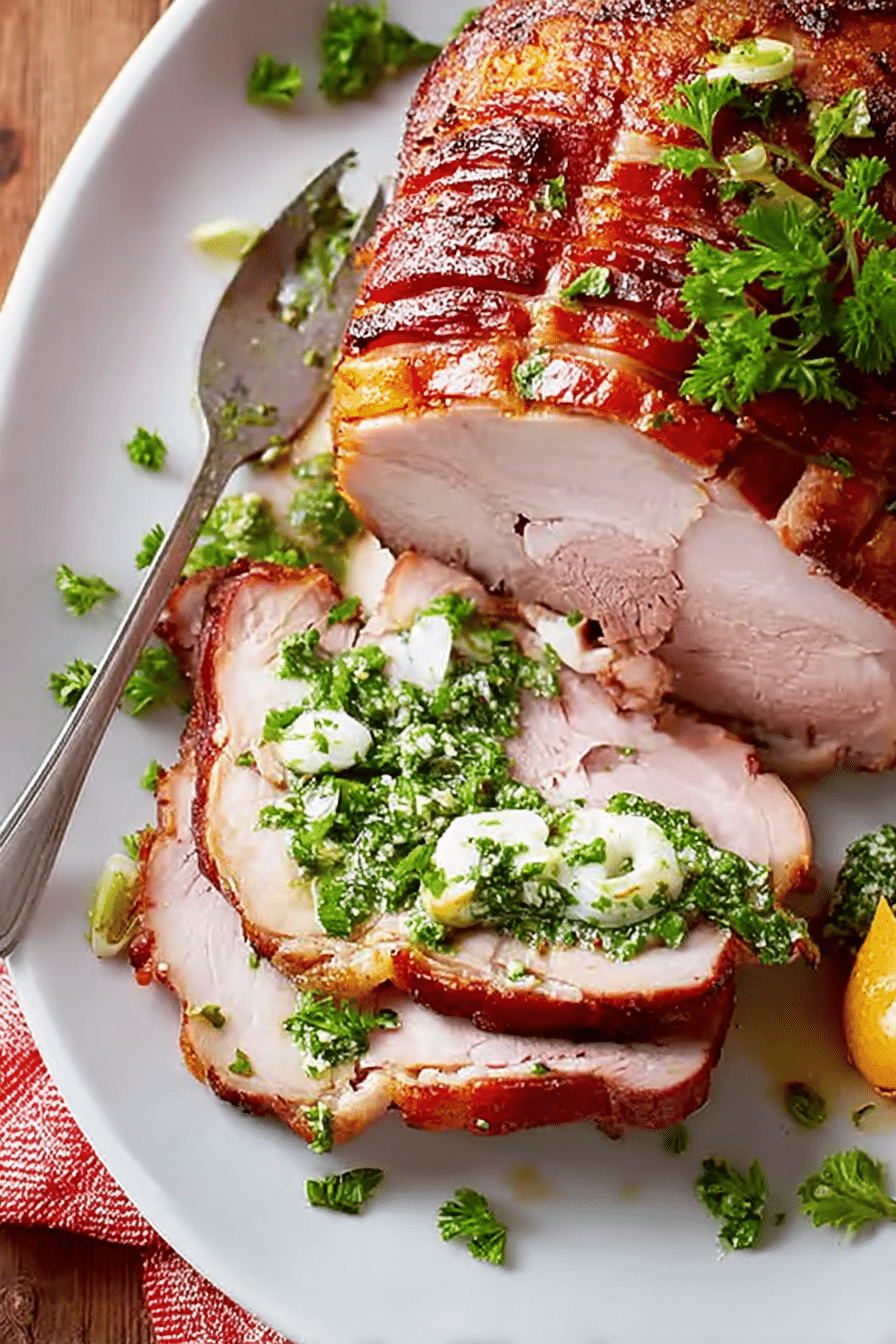 Osterbraten mit Kräutersoße auf einem Teller, garniert mit frischen Kräutern und Lauchzwiebeln.