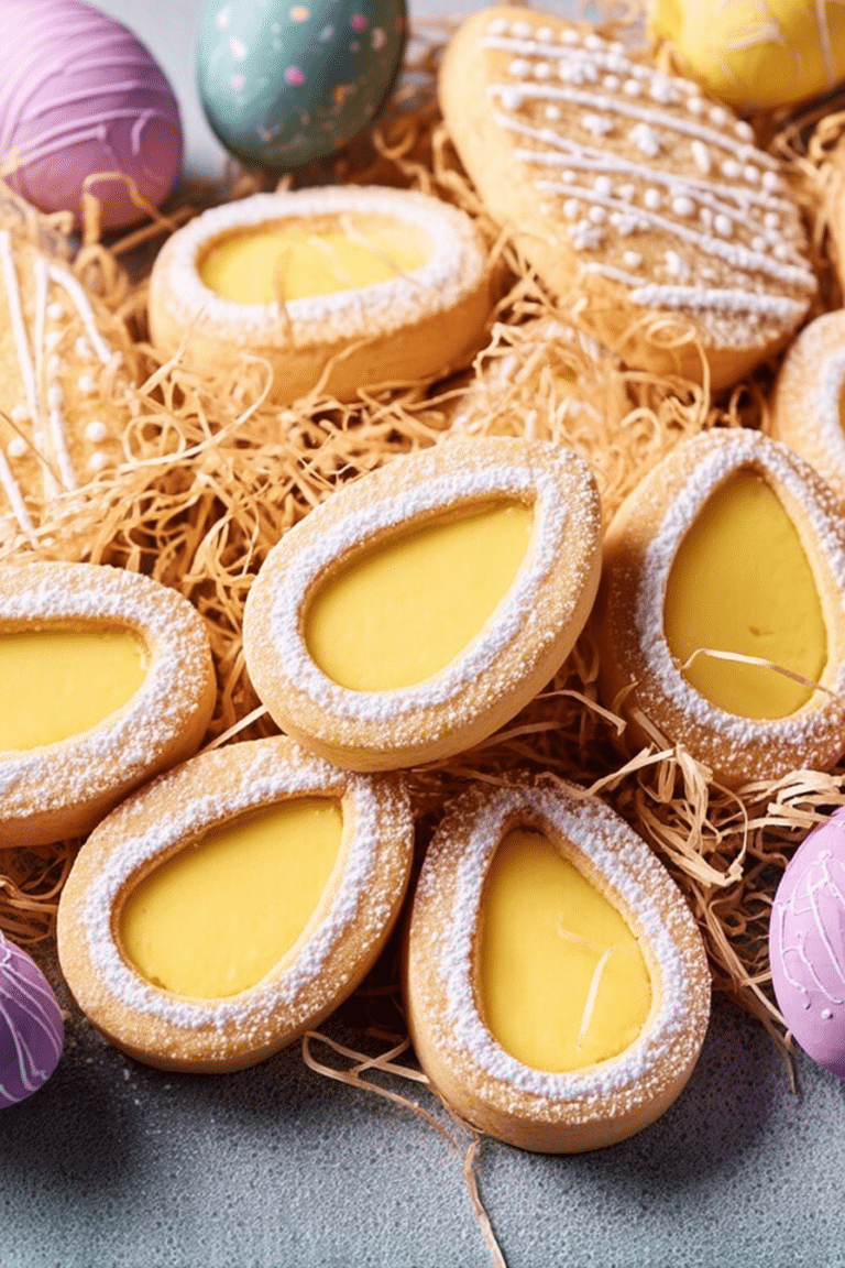 Bunte Osterei-Kekse dekoriert mit Zuckerguss in einem Osternest für das Fest.