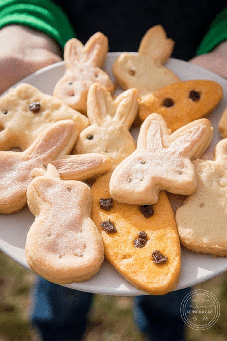 Frisch gebackene, dekorierte Osterhasen-Plätzchen auf einem Teller, umgeben von Ostereiern und Frühlingsblumen.