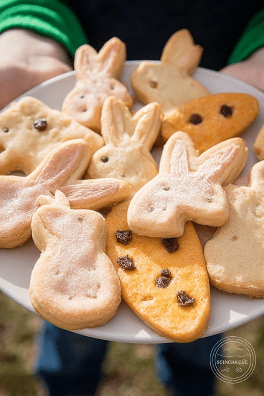 Frisch gebackene, dekorierte Osterhasen-Plätzchen auf einem Teller, umgeben von Ostereiern und Frühlingsblumen.