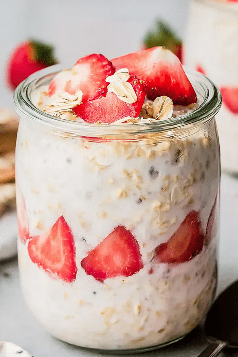 Cremige Overnight Oats mit Joghurt, Banane und Erdbeeren in einem Glas, stehen auf einem Holztisch.