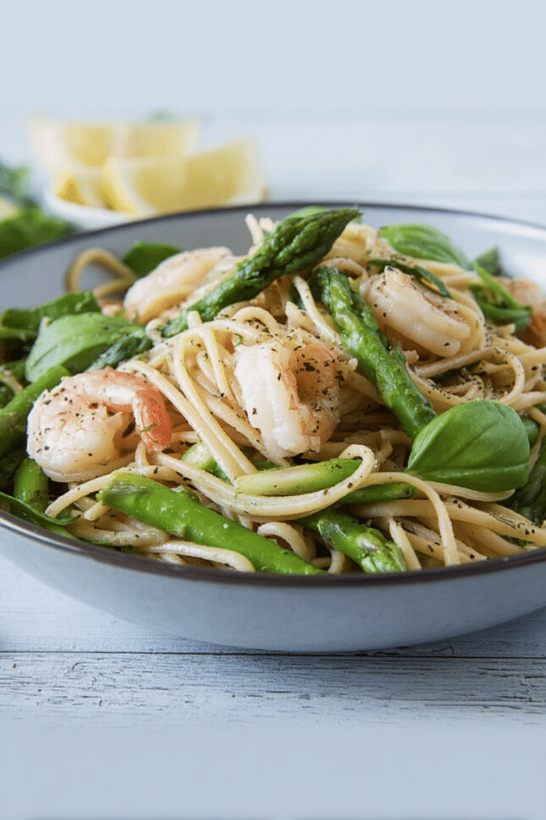 Teller mit Pasta, grünem Spargel und Garnelen, dekoriert mit frischem Basilikum.