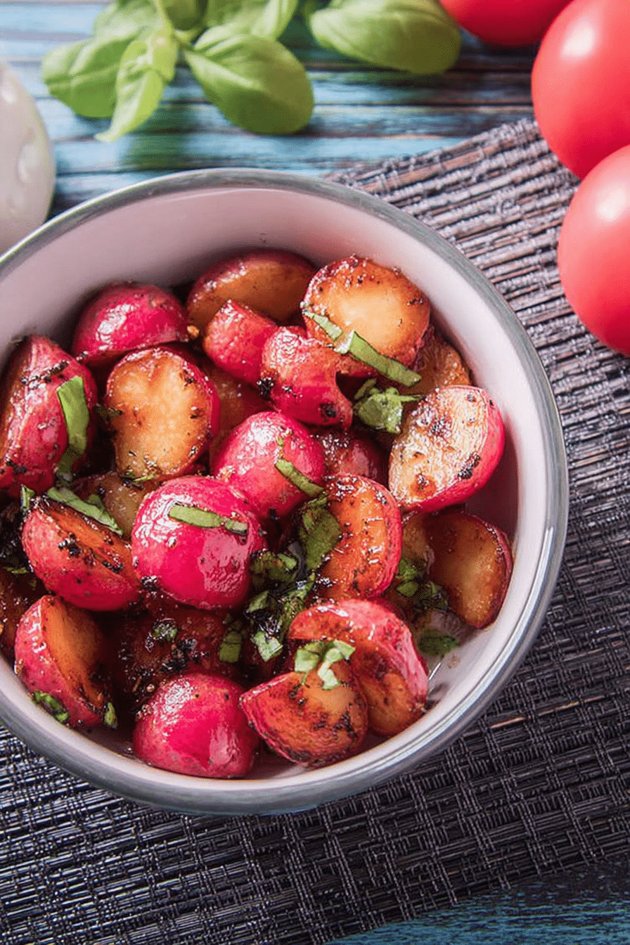 Pfannen-Radieschen auf einem Teller, garniert mit frischem Radieschengrün