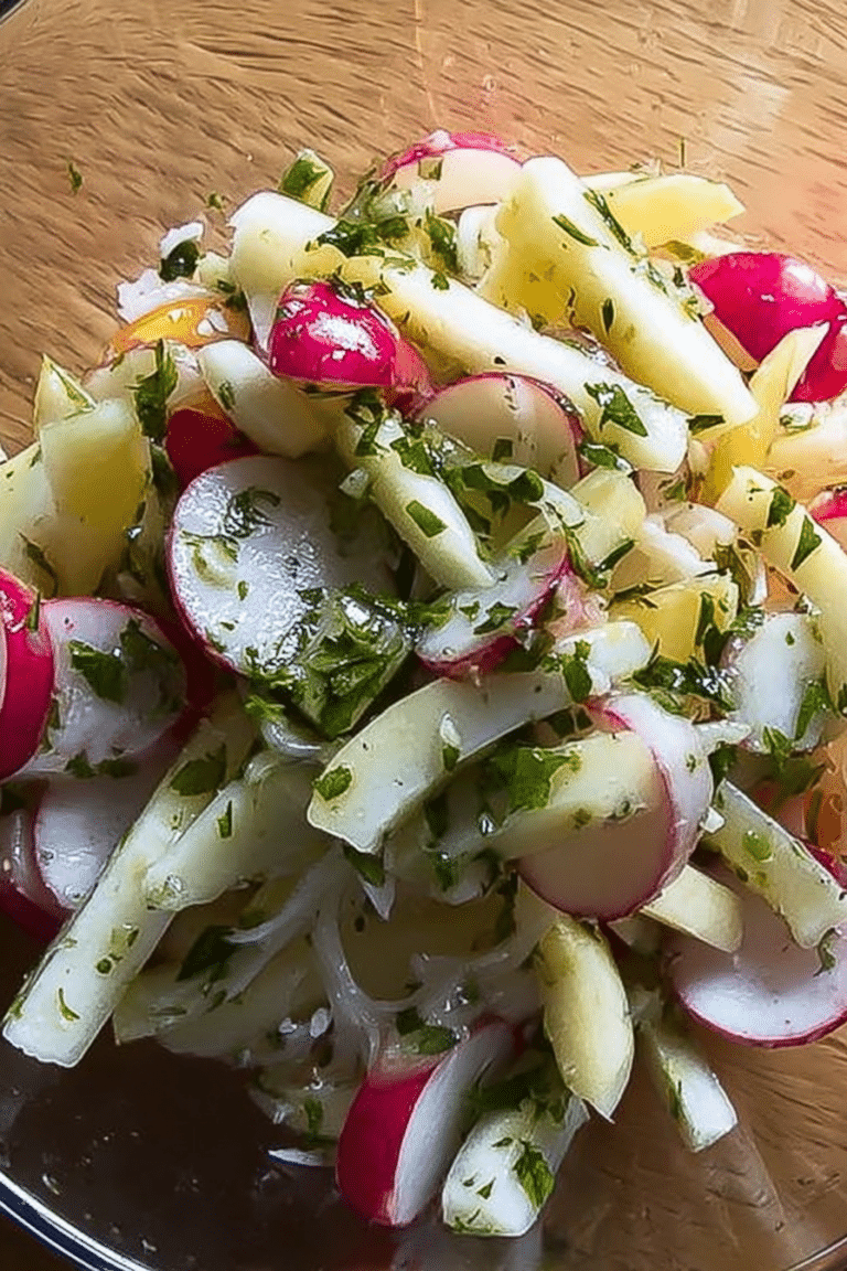 Frisch zubereiteter Radieschen-Apfel-Salat mit Radieschen, Apfel und Gouda in einer Schüssel.