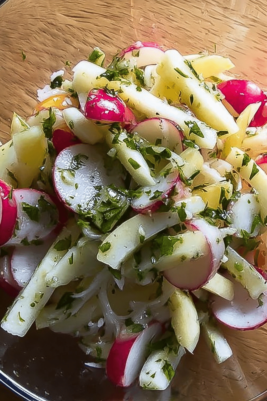 Frisch zubereiteter Radieschen-Apfel-Salat mit Radieschen, Apfel und Gouda in einer Schüssel.