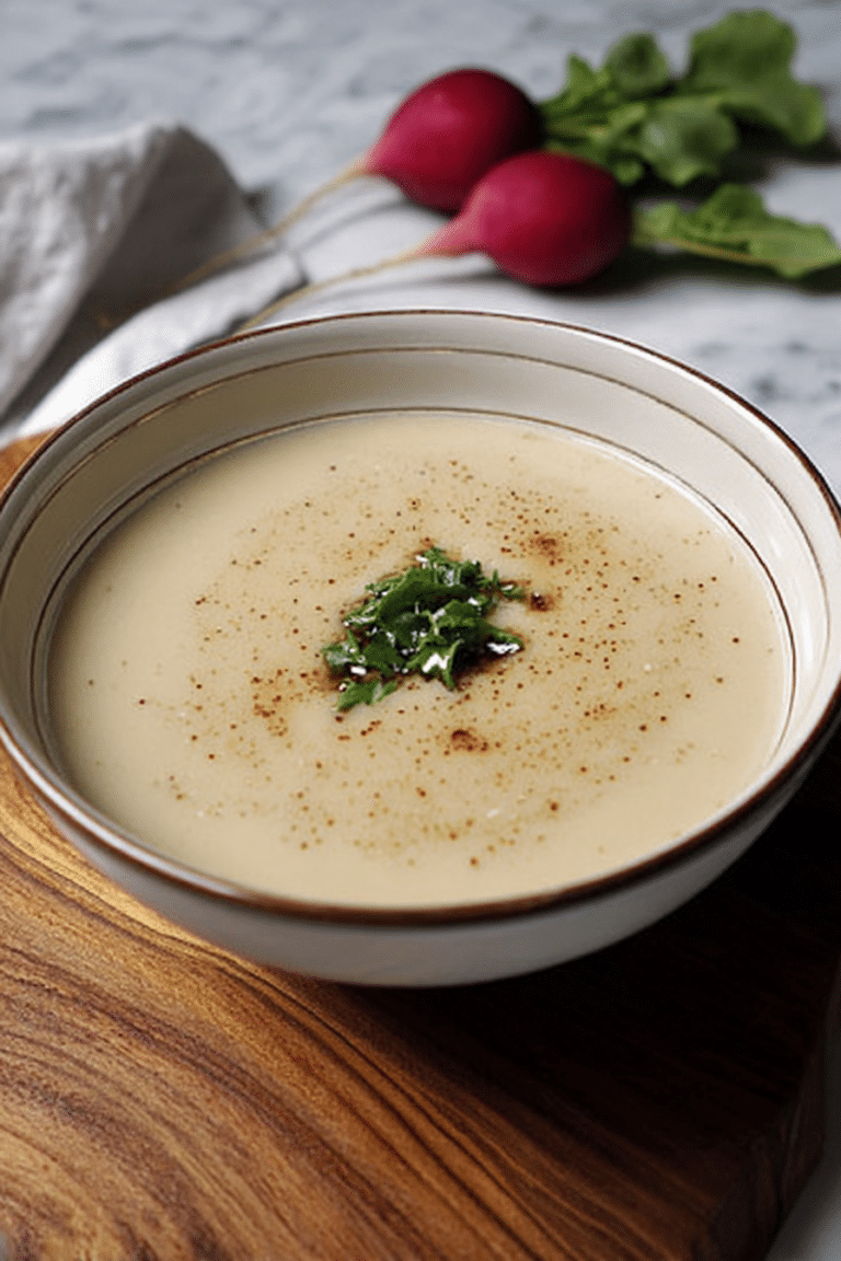 Schüssel Radieschencremesuppe mit frischem Radieschengrün und Brot, appetitlich angerichtet.