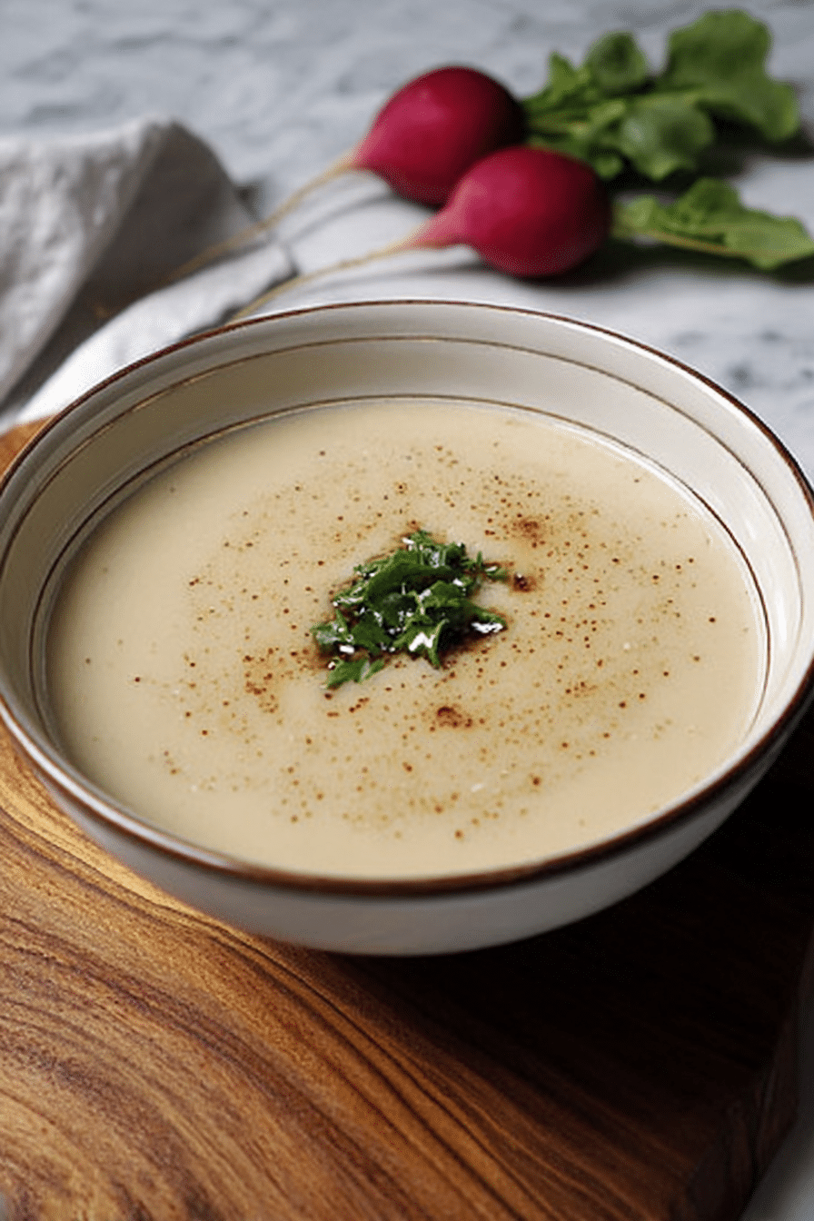 Schüssel Radieschencremesuppe mit frischem Radieschengrün und Brot, appetitlich angerichtet.