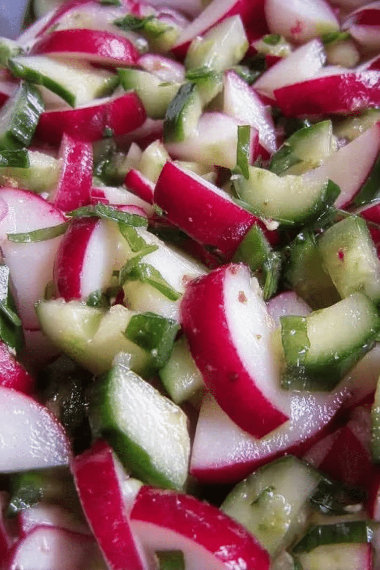 Frischer Radieschensalat mit Gurke, Schnittlauch und Zitronenscheiben