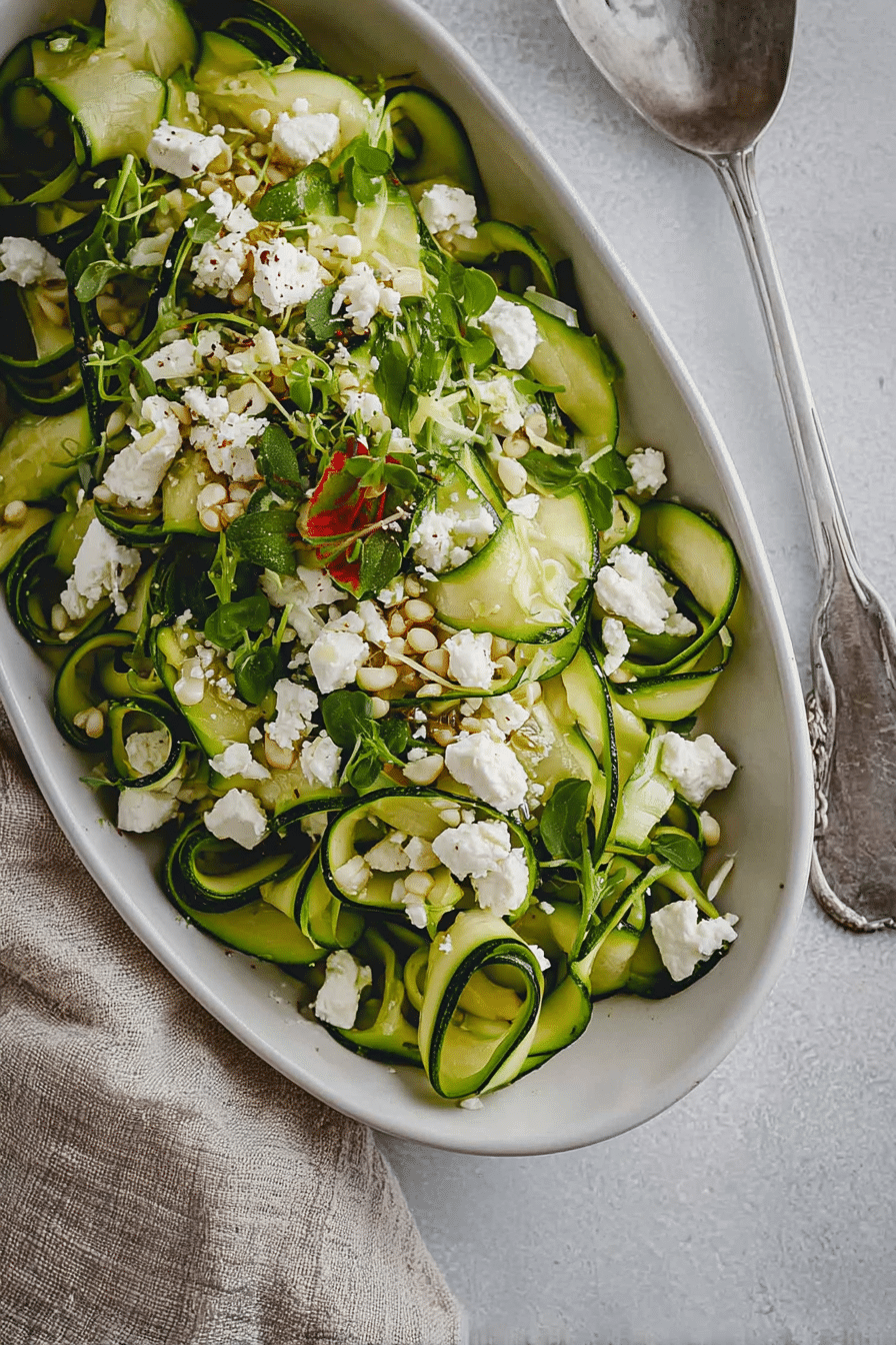 Roher Zucchinisalat mit Feta, Pinienkernen und Kresse auf einem rustikalen Tisch angerichtet.