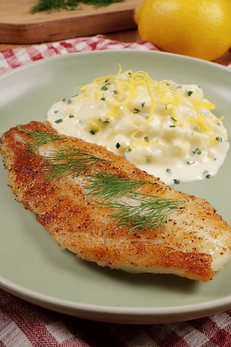 Rotbarschfilet mit Zitronensauce, garniert mit Dill und Zitronenscheiben auf elegantem Teller.