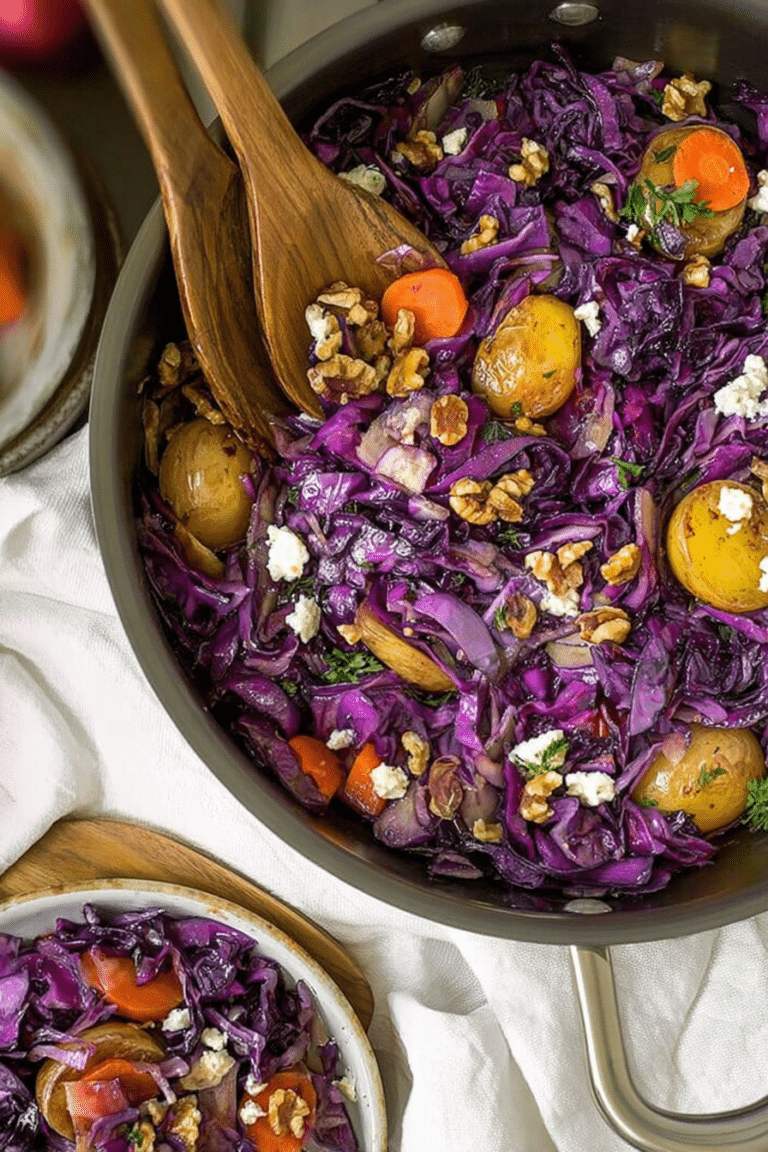 Vegetarische Rotkohl Pfanne mit Kartoffeln, Walnüssen und frischem Thymian in einer Schale auf einem Tisch.
