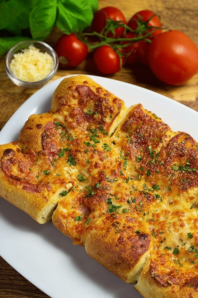 Goldbraune Schnelle Pizza Rolls auf einem Teller mit geschmolzenem Käse und Tomatensauce.