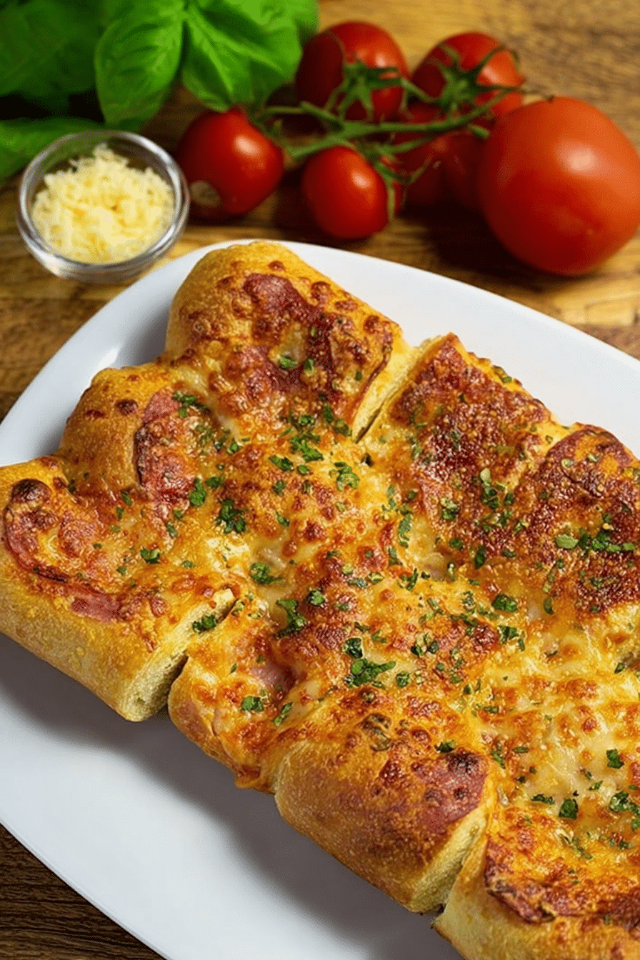 Goldbraune Schnelle Pizza Rolls auf einem Teller mit geschmolzenem Käse und Tomatensauce.