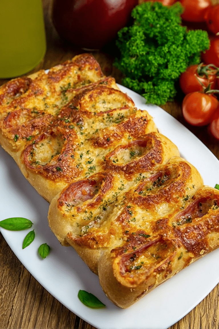 Schnelle Pizza Rolls auf einem Holztisch, umgeben von frischen Zutaten wie Käse und Salami.