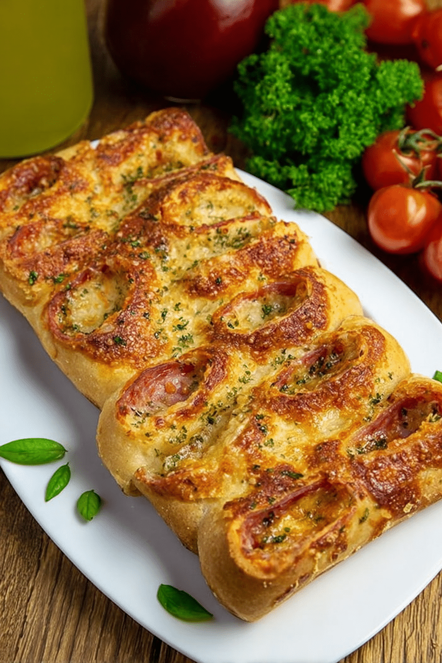 Schnelle Pizza Rolls auf einem Holztisch, umgeben von frischen Zutaten wie Käse und Salami.