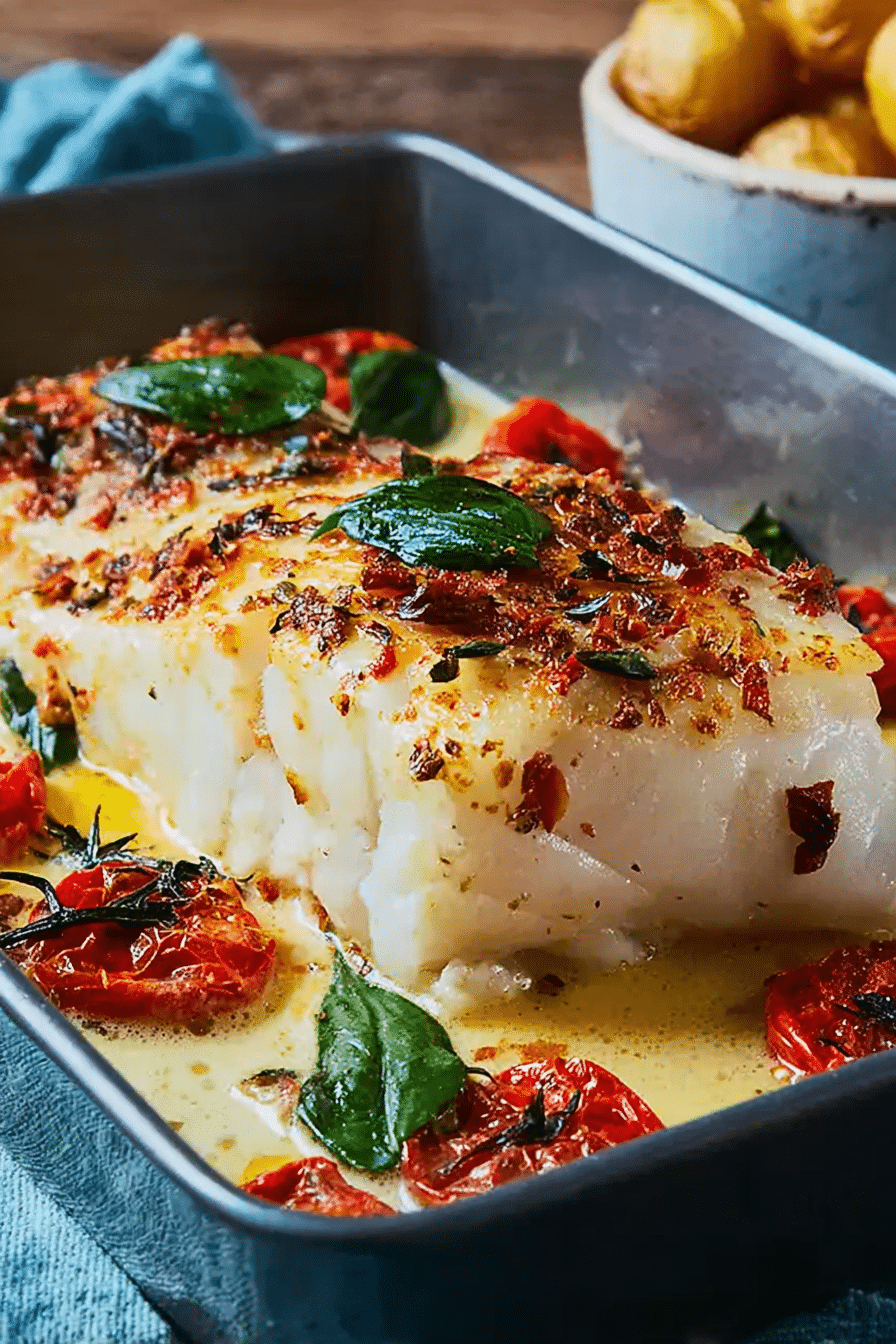 Saftiger schneller Ofen-Fisch mit Tomaten und Basilikum, perfekt für eine schnelle und leckere Mahlzeit.