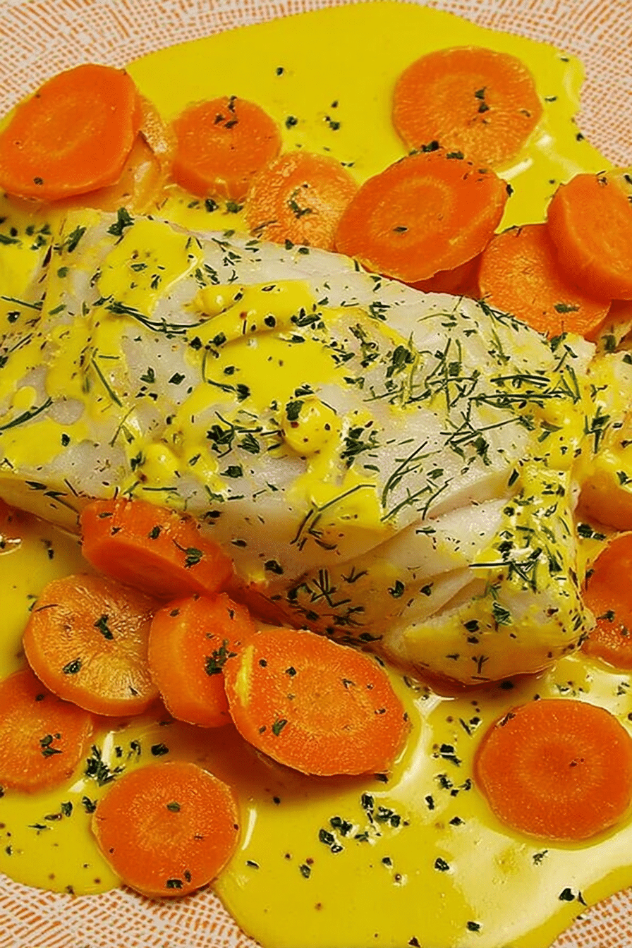 Seelachsfilet auf Senfmöhren mit Petersilie auf einem weißen Teller serviert.