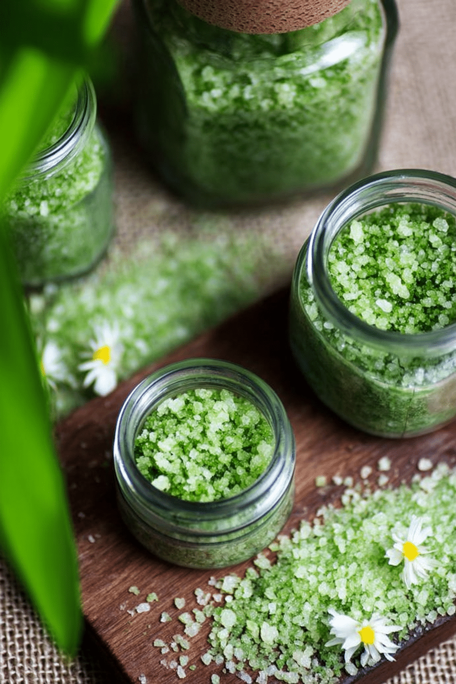 Selbstgemachtes Bärlauchsalz in einem Glas, umgeben von frischem Bärlauch und grobem Meersalz auf einem Holztisch.