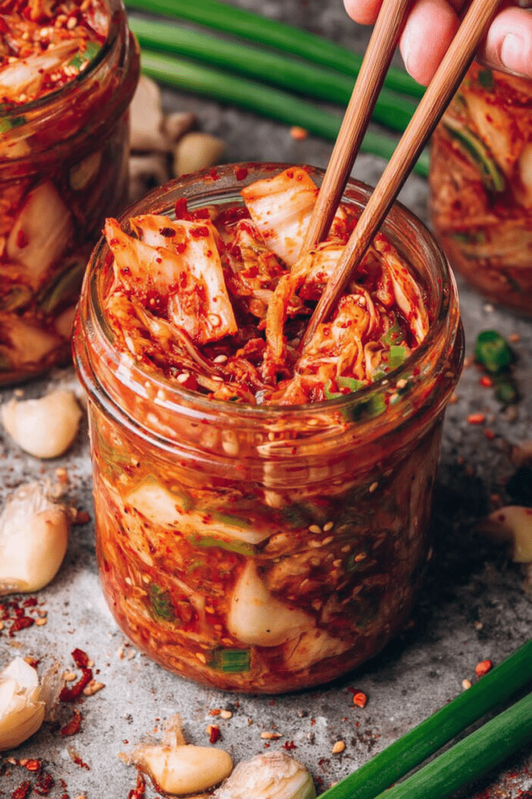 Selbstgemachtes koreanisches Kimchi in einer Schüssel, umgeben von frischen Zutaten wie Kohl, Karotten und Frühlingszwiebeln.