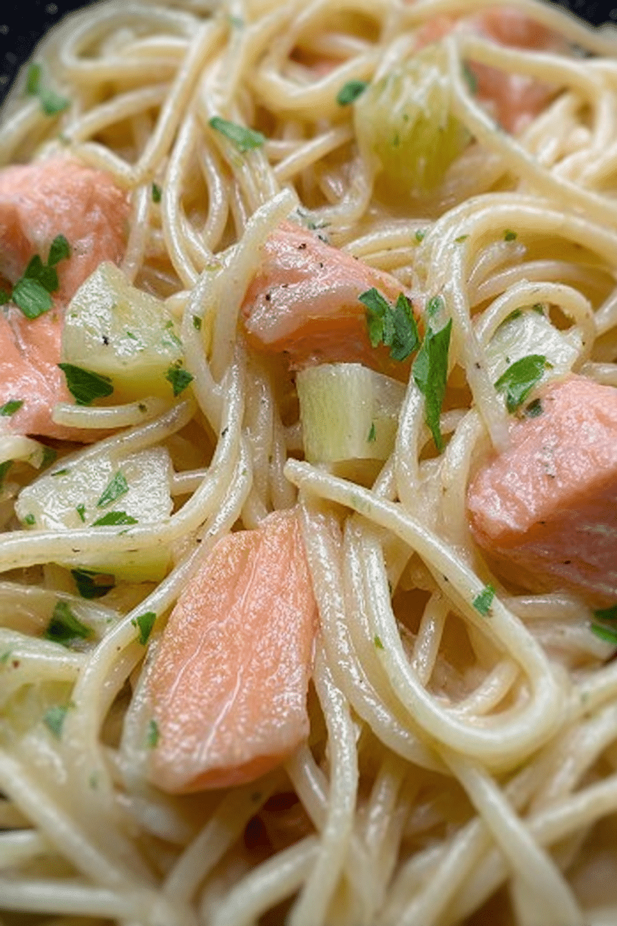 Spaghetti mit Lachs und Spargel, garniert mit Petersilie und Limette.