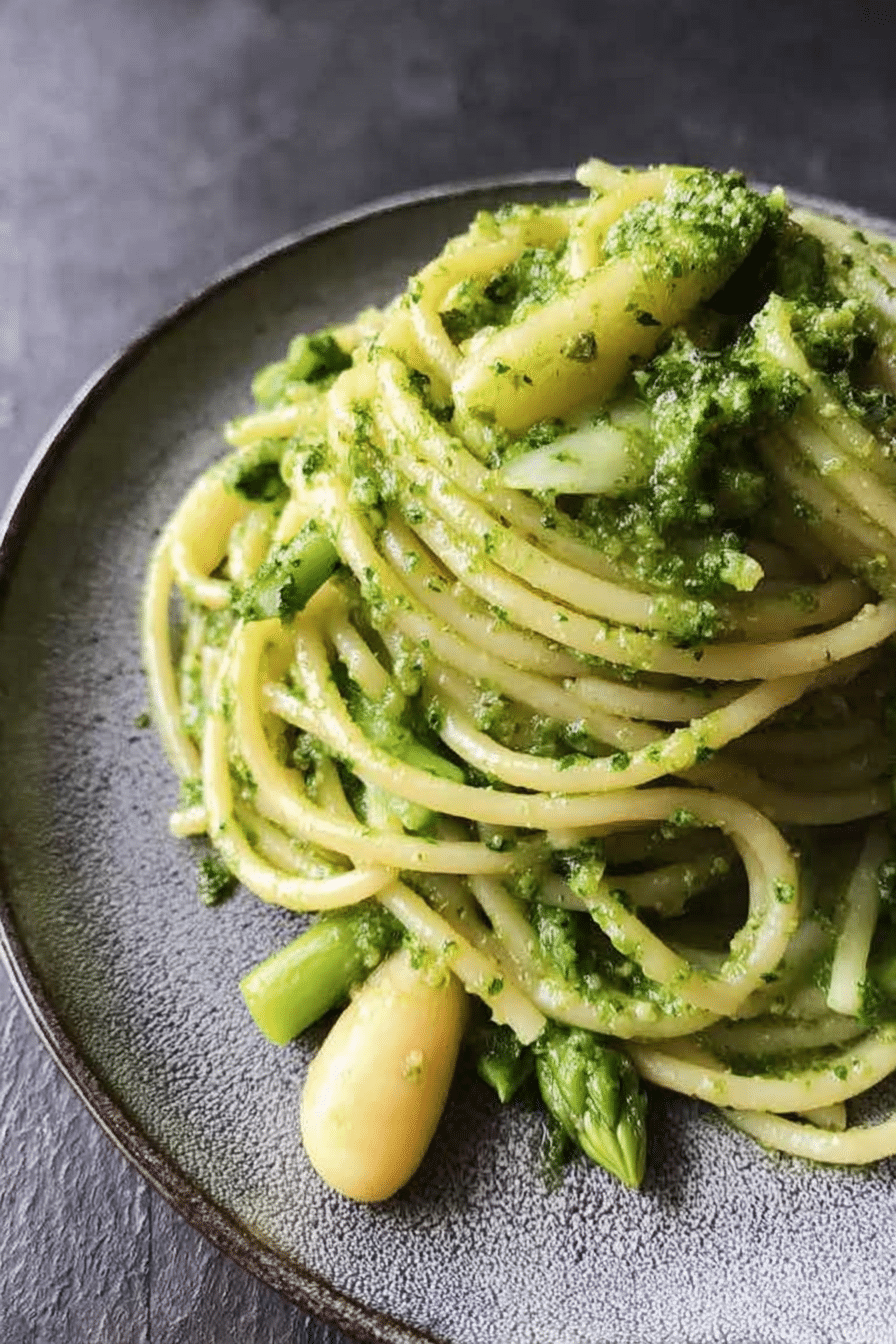 Spaghetti mit Spargel und Bärlauchpesto, serviert mit Parmesan und Pinienkernen.