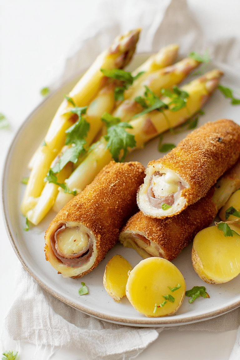 Goldbrauner Spargel Cordon Bleu auf einem Teller, garniert mit frischen Kräutern und einer angenehmen Soße.