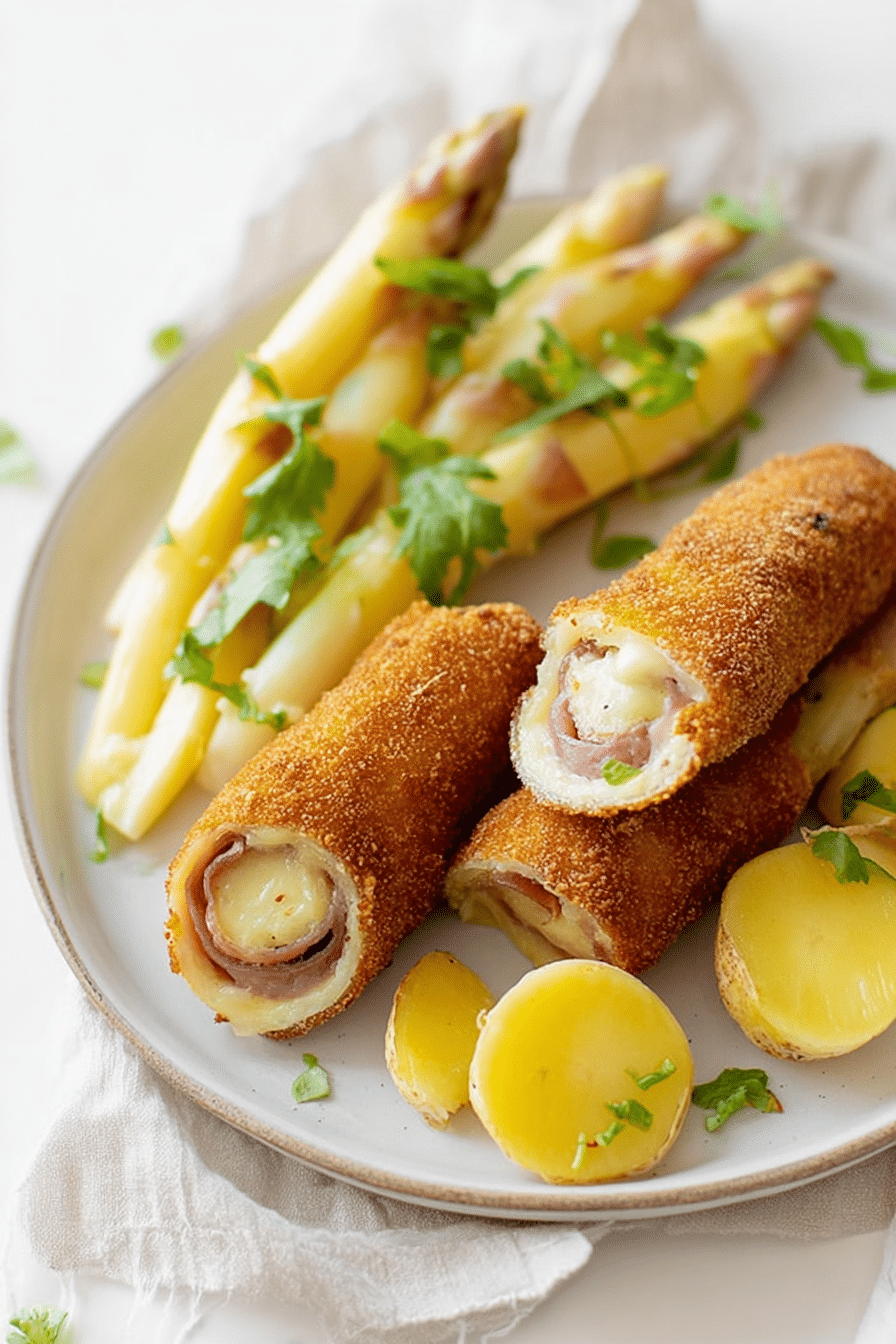 Goldbrauner Spargel Cordon Bleu auf einem Teller, garniert mit frischen Kräutern und einer angenehmen Soße.