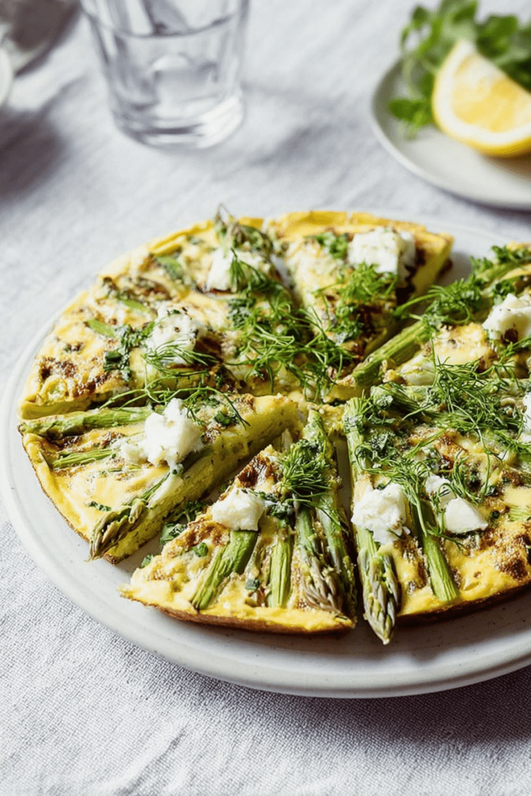 Spargel-Frittata mit frischen Kräutern und Zitronenspalten auf einem Teller serviert.