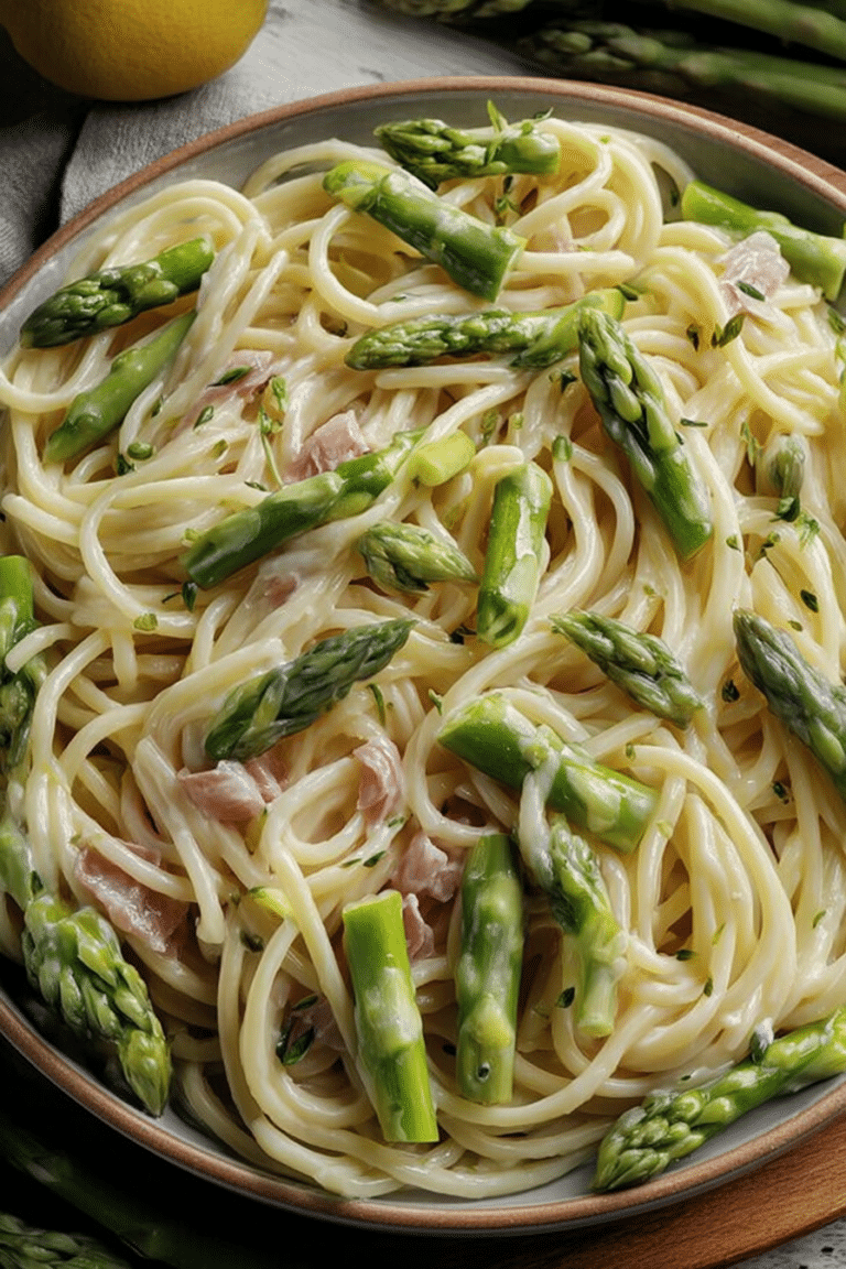 Ein Gericht mit Spargel Pasta, garniert mit frischen Kräutern und Zitronenscheibe auf einem rustikalen Holzuntergrund.