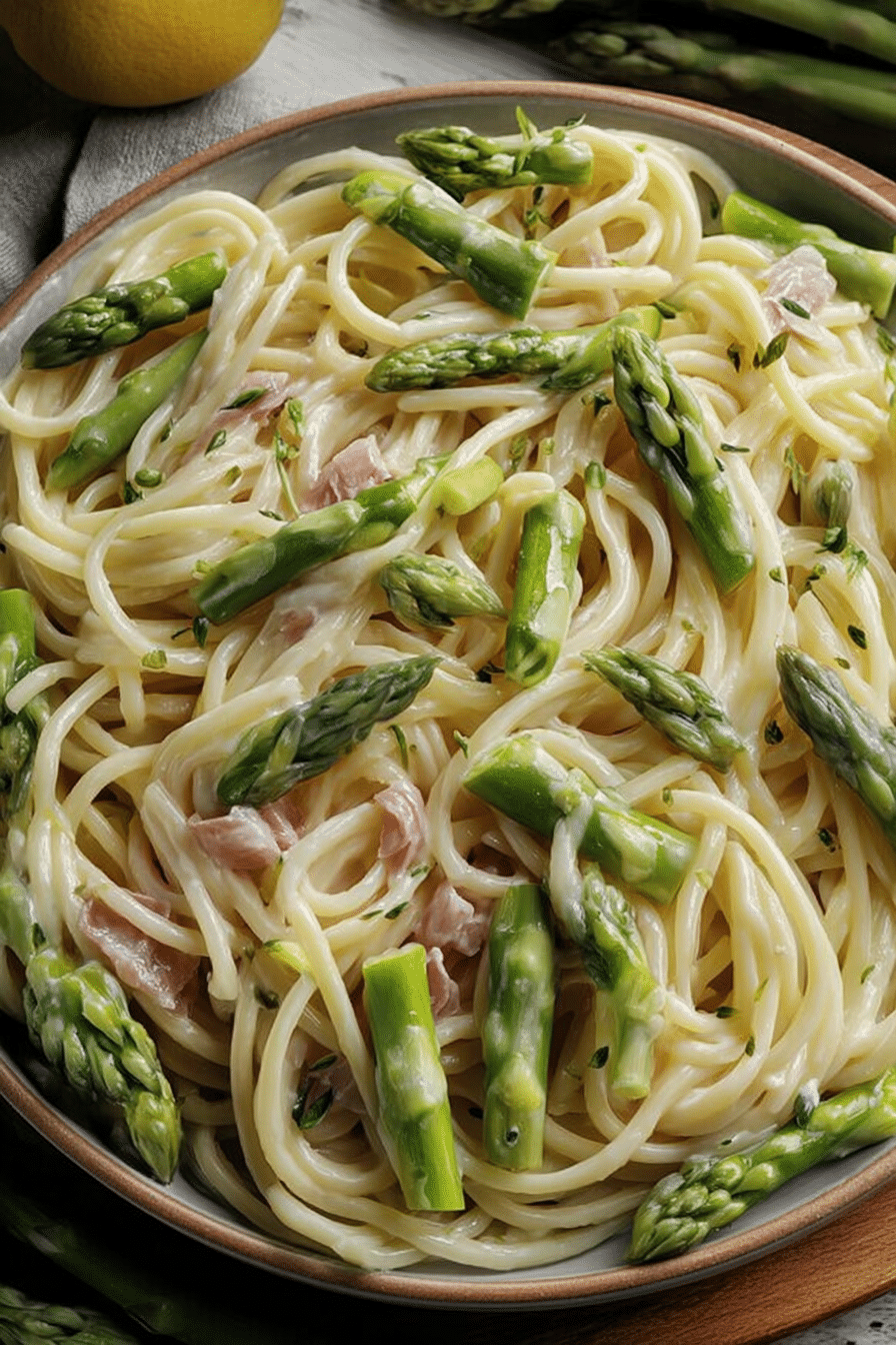 Ein Gericht mit Spargel Pasta, garniert mit frischen Kräutern und Zitronenscheibe auf einem rustikalen Holzuntergrund.