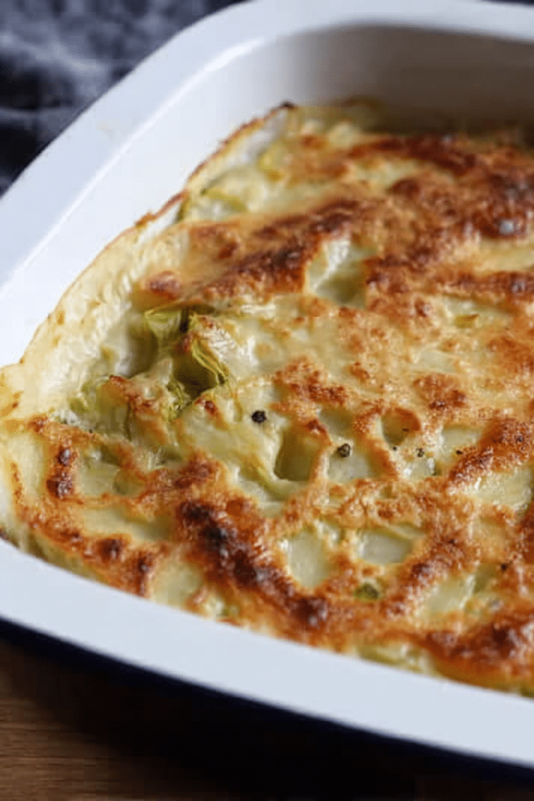 Spitzkohl-Kartoffel-Auflauf frisch gebacken, mit goldbraunem Käse überbacken