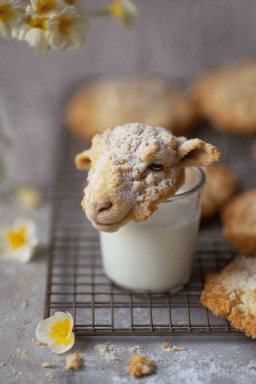 Frisch gebackene Streusel Schäfchen auf einem Holzbrett mit Puderzucker bestäubt.